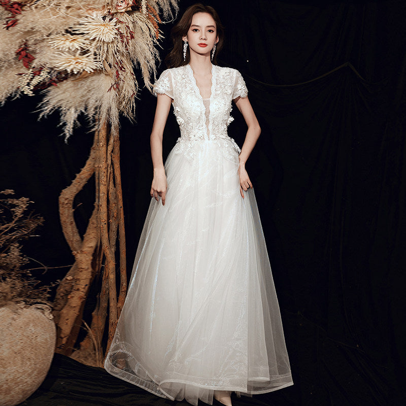 3D Floral Lace Short Sleeve Tulle Floor-Length Evening Gown