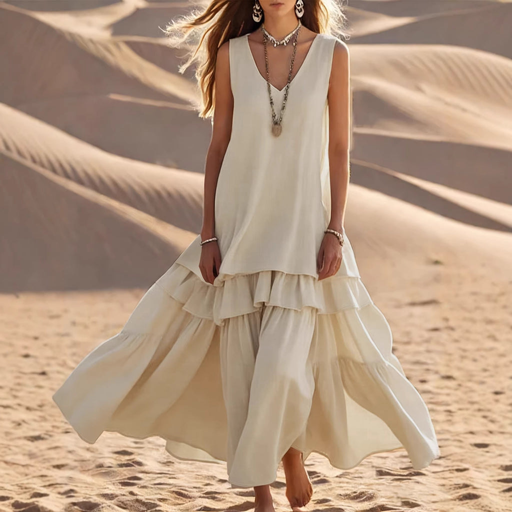 Flowering Girl Women Sleeveless V-Neck Tiered Ruffle Maxi Dress