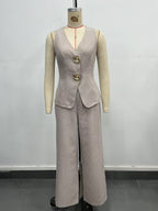 Flowering Girl Women Khaki High Waist Front Slit Wide Leg Suit Pants Textured Linen Blend Office Trousers