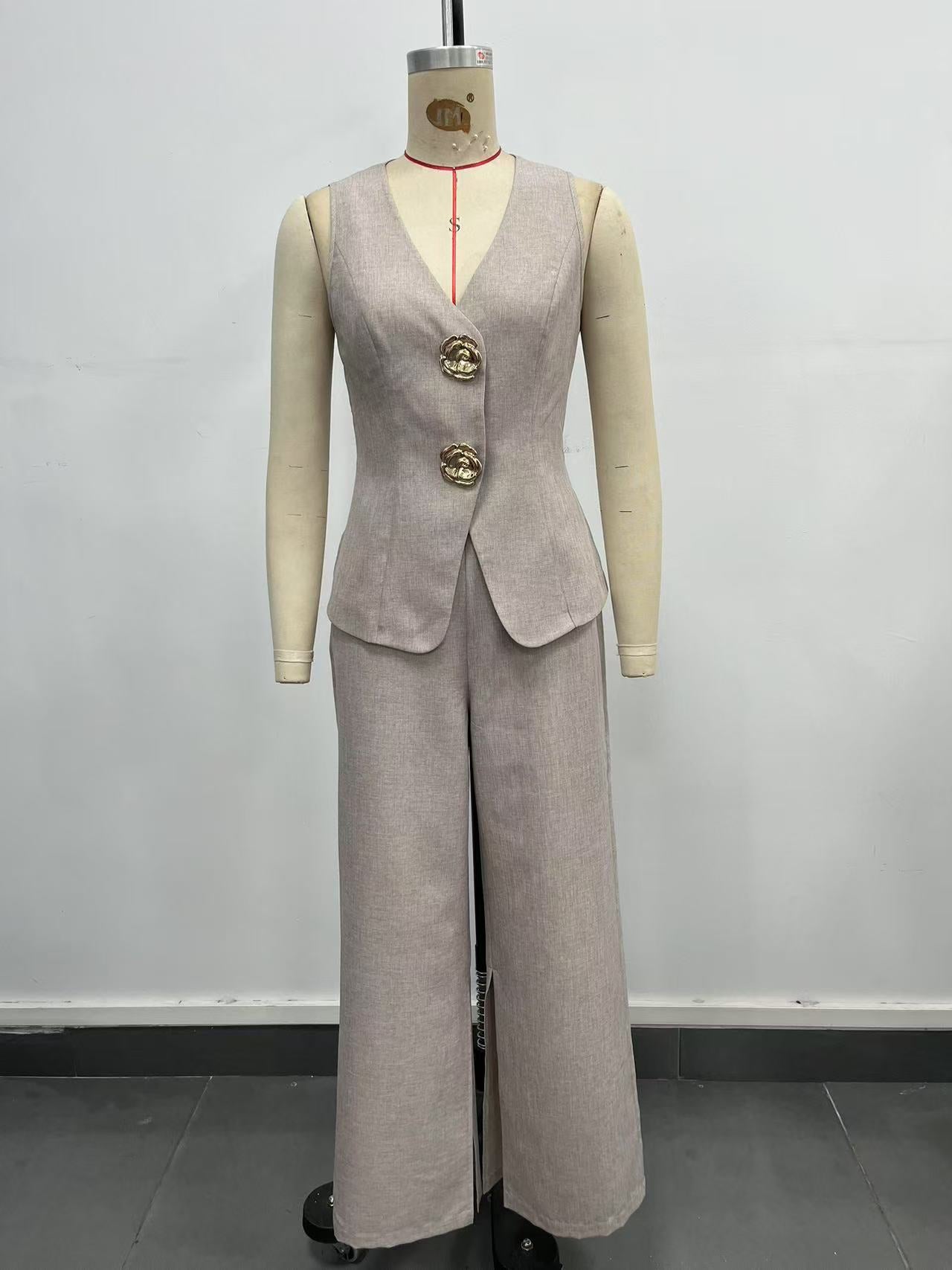 Flowering Girl Women Khaki High Waist Front Slit Wide Leg Suit Pants Textured Linen Blend Office Trousers