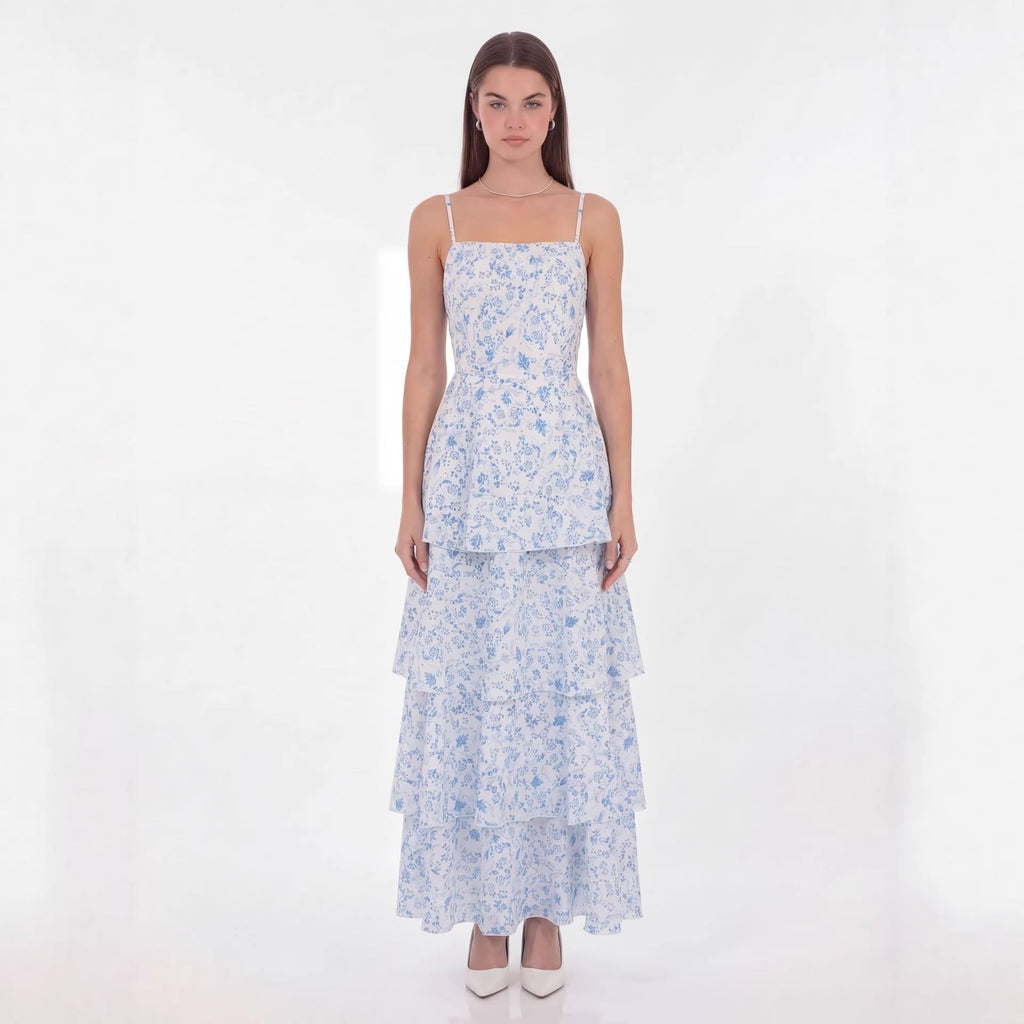 eileen floral print layer strappy maxi dress - blue