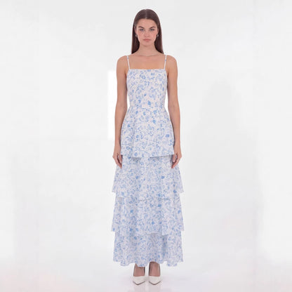 eileen floral print layer strappy maxi dress - blue