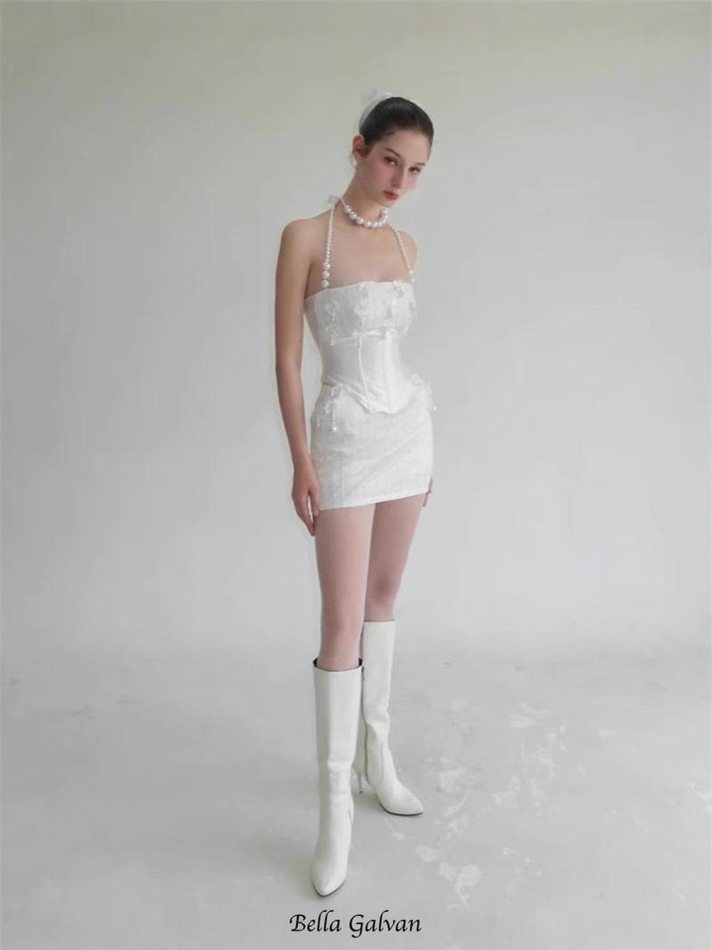 Flowering Girl Women pearl fishbone wrap top skirt set in white