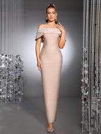 belen Pearl Beaded strapless maxi Bandage Dress in apricot