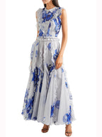 Blue Printed Crew Neck Lantern Sleeves Flowing Ruffles Dress
