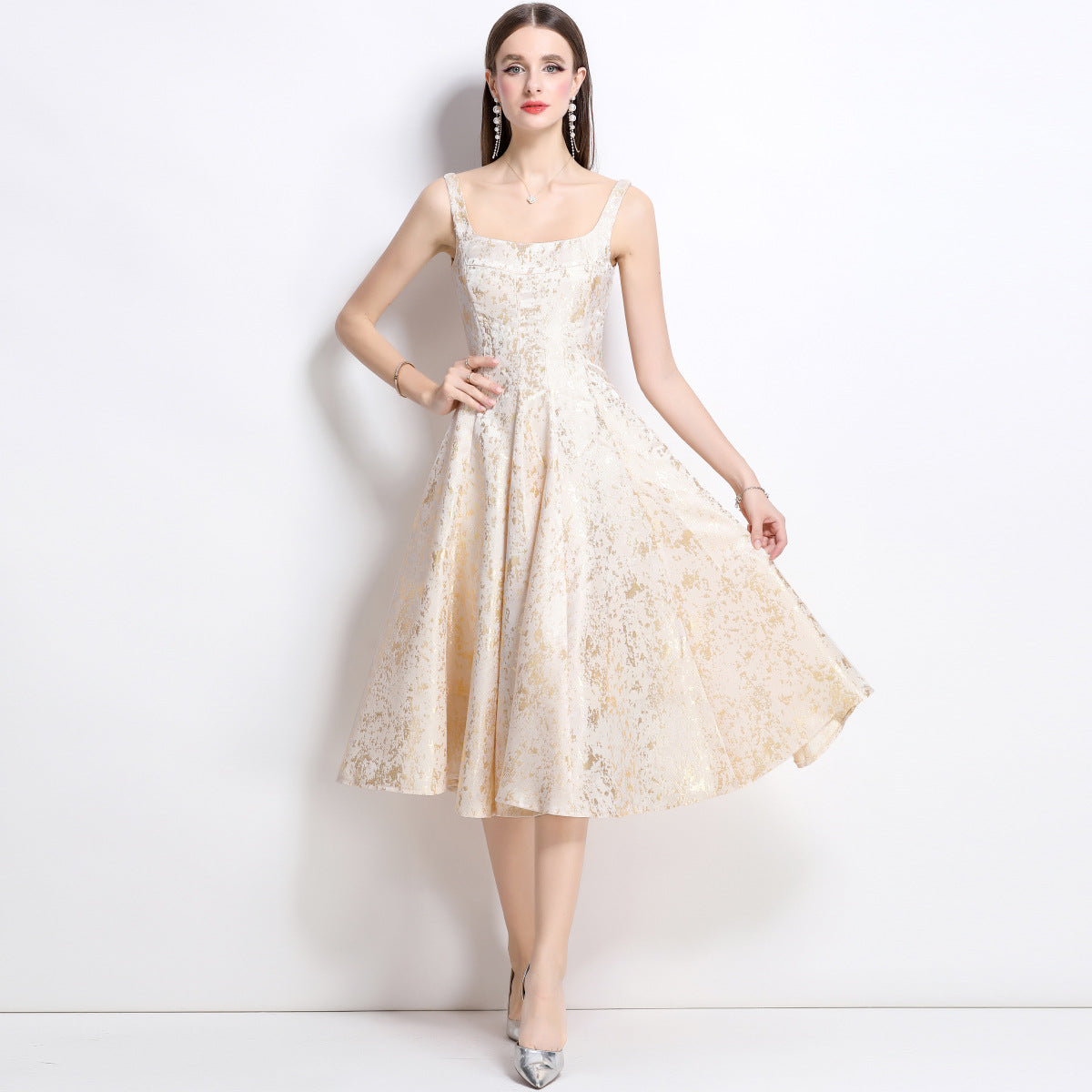 Flowering Girl Women vanessa A-line Jacquard midi dress - apricot