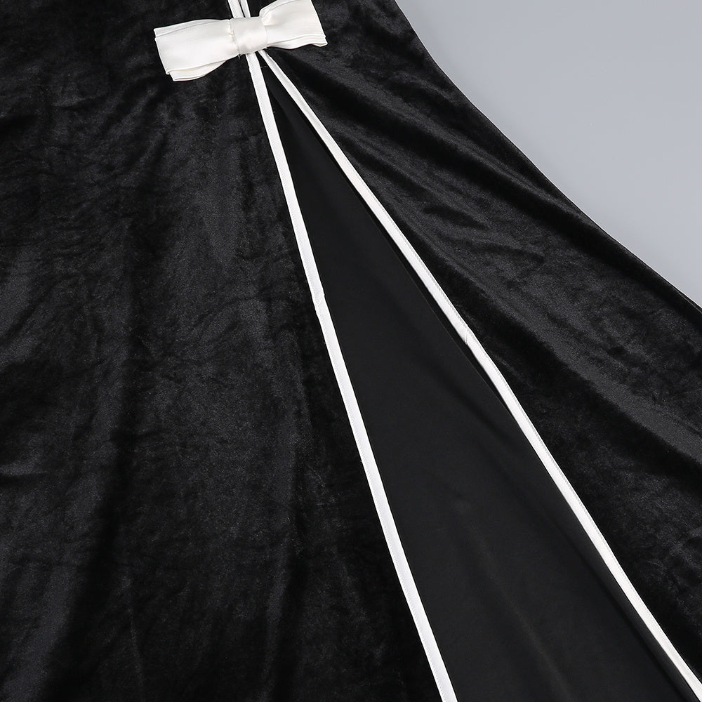 victoria Bow Cascade Velvet Maxi Dress in black