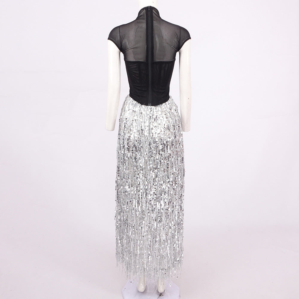 Flowering Girl Women tassel sequin black corset maxi dress