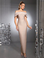 Flowering Girl Women Belen Pearl Beaded Strapless Maxi Bandage Dress In Apricot