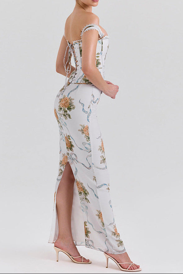 Flowering Girl Women Phoenix White Floral Print Fitted Corset Maxi Dress