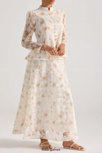 rebecca yellow Floral embroidered long-sleeve top skirt set