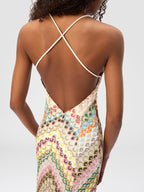Flowering Girl Women Chevron Rainbow Crochet Cross-Back Spaghetti Strap Maxi Dress