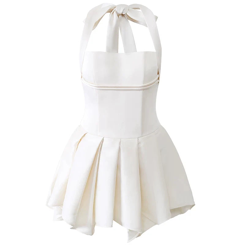 Flowering Girl Women Halter Double Strap Satin Fit &amp; Flare Mini Dress