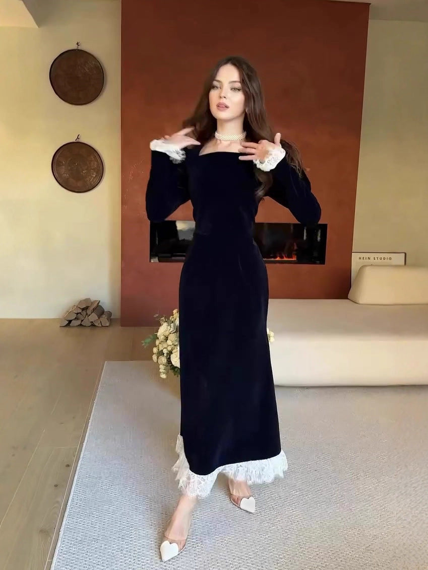 Flowering Girl Women black long-sleeved waist-cinching dress