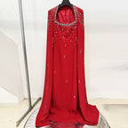 Flowering Girl Women red nail bead chain shawl sleeves floor-length dress