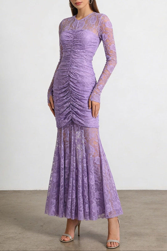 penny lace  hollow ruched bodycon long sleeve maxi dress in purple