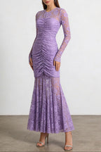 Flowering Girl Women Penny Lace Hollow Ruched Bodycon Long Sleeve Maxi Dress In Purple