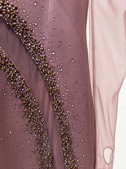 vivien Brown Beading High Neck Maxi Dress