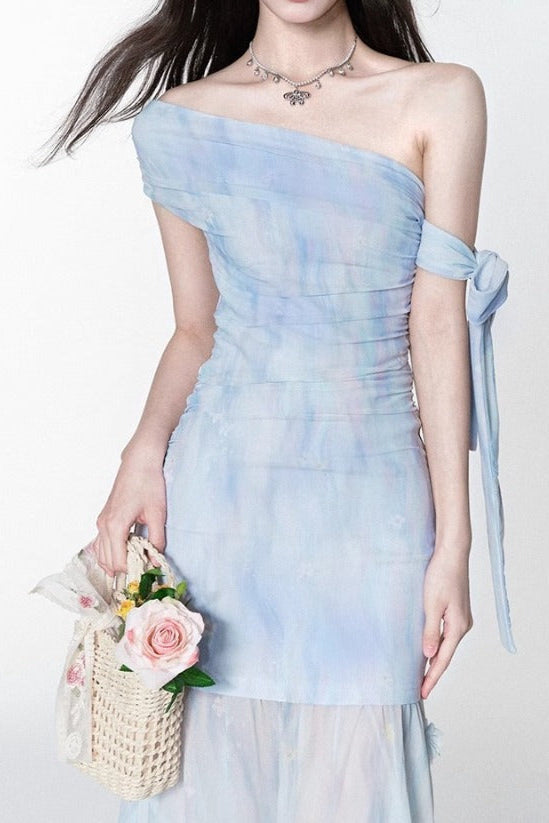 Flowering Girl Women Rosalind One-Shoulder Pleated Slim Maxi Dress In Blue