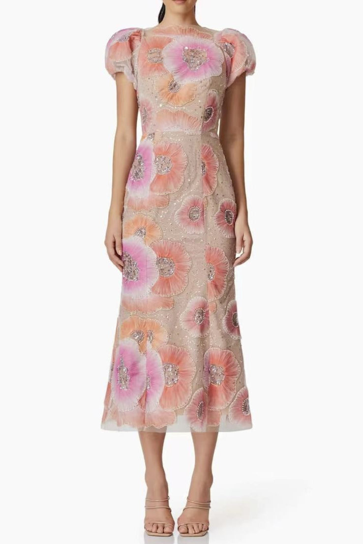 Flowering Girl Women Lydia Puff Sleeve Floral Midi Dress In Pink