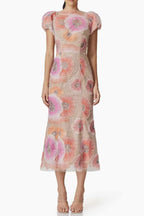 Flowering Girl Women Lydia Puff Sleeve Floral Midi Dress In Pink
