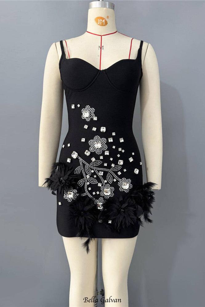 hedy Rhinestone Feather Bandage Strappy mini Dress - black