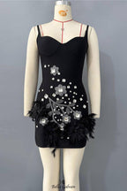 hedy Rhinestone Feather Bandage Strappy mini Dress - black