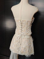 white Herringbone tube top floral ruffle mini dress suit