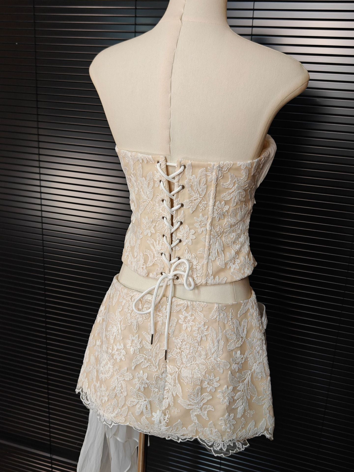 white Herringbone tube top floral ruffle mini dress suit