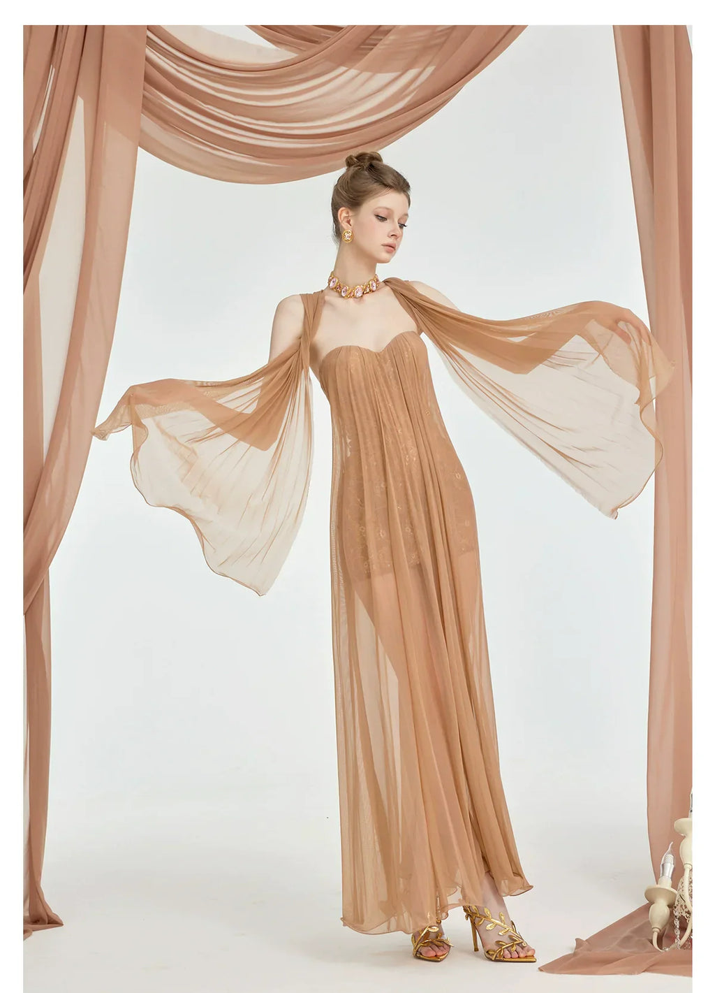 Flowering Girl Women Thea Strapless Mesh Backless maxi Dress in brown