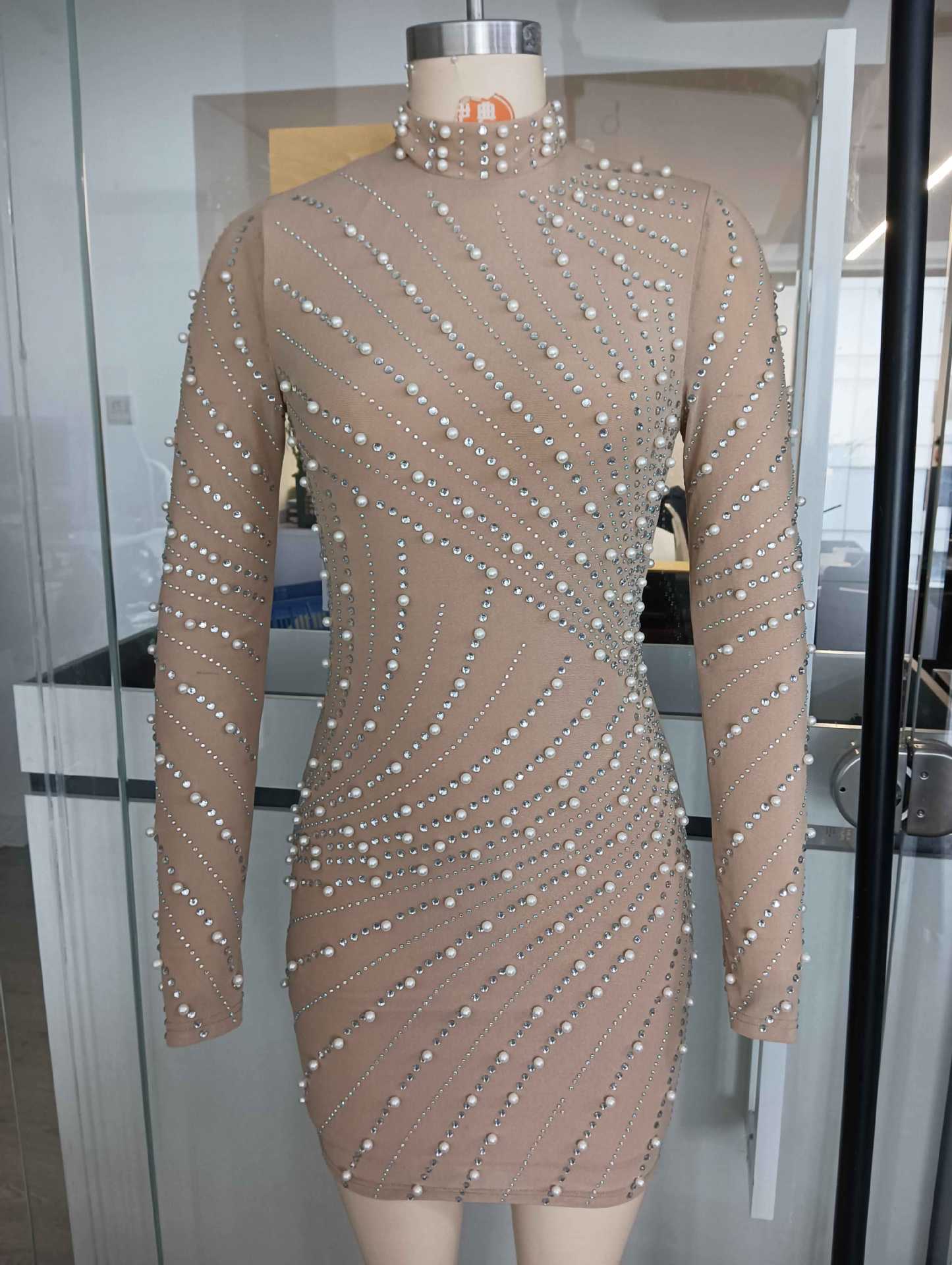 Khaki Tassel Rhinestone Mesh Pearl Hip-Wrap Mini Dress
