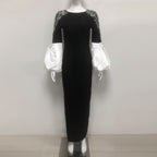 ellen black Long Sleeve Rhinestone Contrast Bandage Maxi Dress
