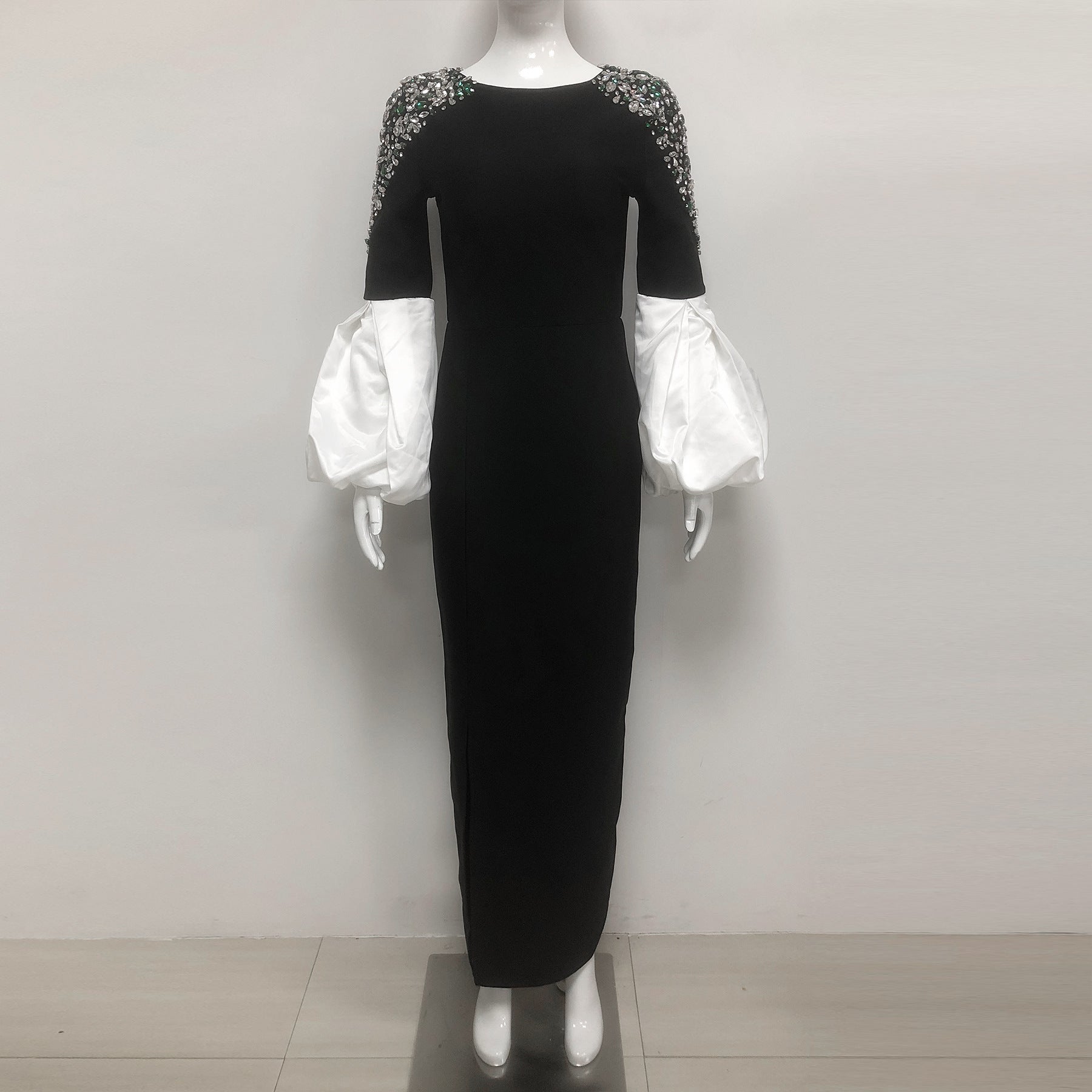 ellen black Long Sleeve Rhinestone Contrast Bandage Maxi Dress