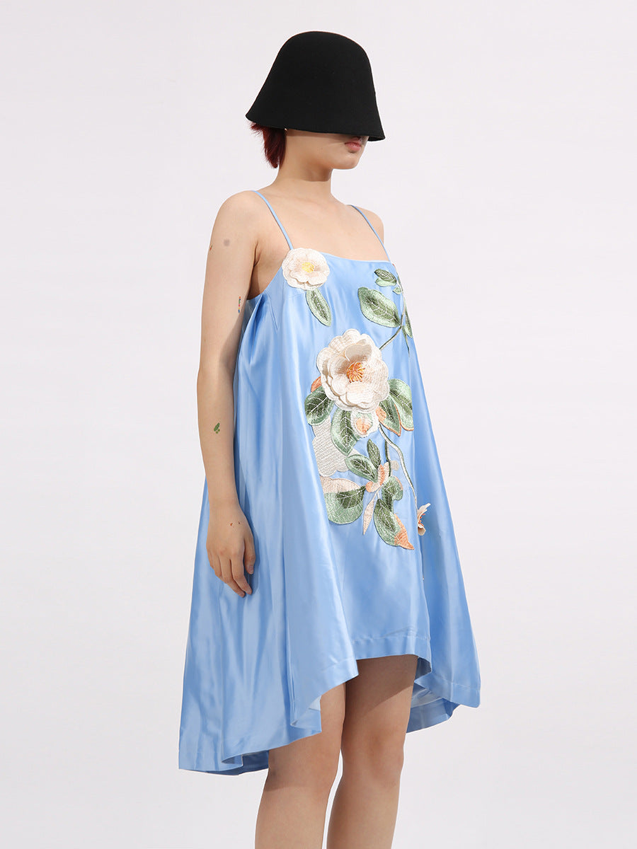 Edwina Applique Floral Embroidered Mini Dress In Blue