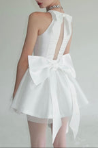 Flowering Girl Women Nora Off-Shoulder Backless Lace Bow Mini Dress In White