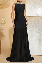 Amy Mesh Stitching Diamond High Collar Bandage Maxi Dress In Black