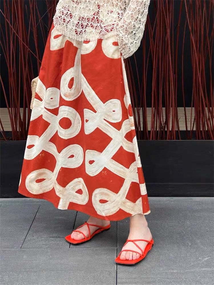Red A-Line  Hand-Painted Printed Skirt