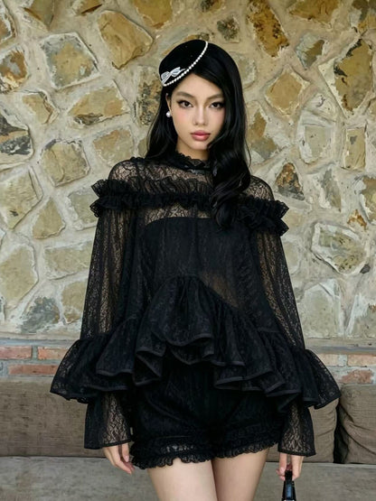 vanessa black Floral Lace Ruffled Top & Shorts Set