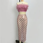 audrey pink feather top sequin Midi Skirt set