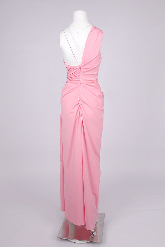 Flowering Girl Women Bess One-Shoulder Slant Neck Pleated Maxi Dress In Pink