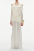 cara Off-shoulder long sleeve pleated mesh maxi dress in white