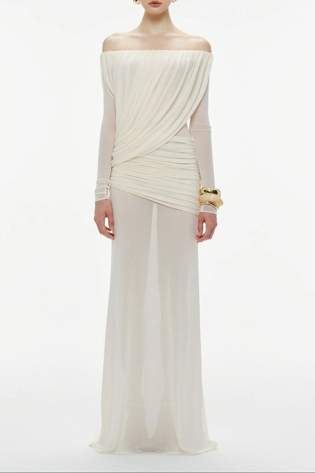 cara Off-shoulder long sleeve pleated mesh maxi dress in white