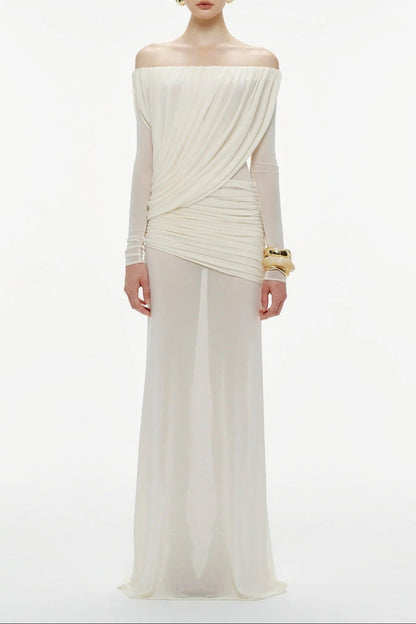 cara Off-shoulder long sleeve pleated mesh maxi dress in white