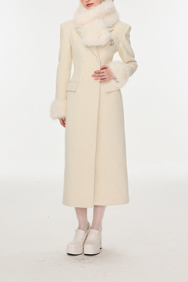Flowering Girl Women Ivory Slim faux fur mid-length woolen coat