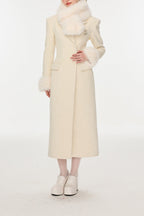 Flowering Girl Women Ivory Slim faux fur mid-length woolen coat