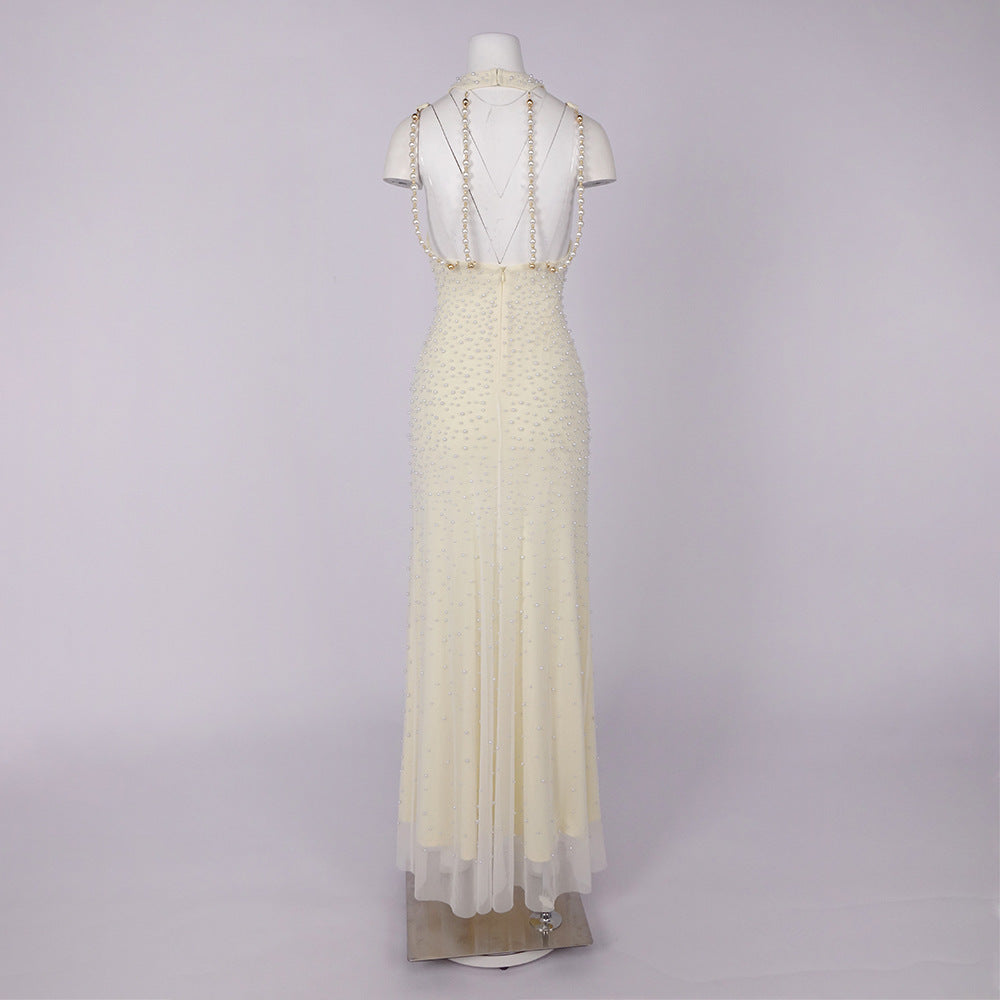 Pearl tassel off-shoulder fishtail maxi dress - yellow
