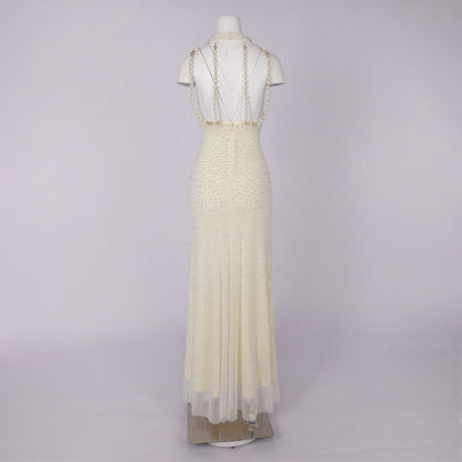 Pearl tassel off-shoulder fishtail maxi dress - yellow