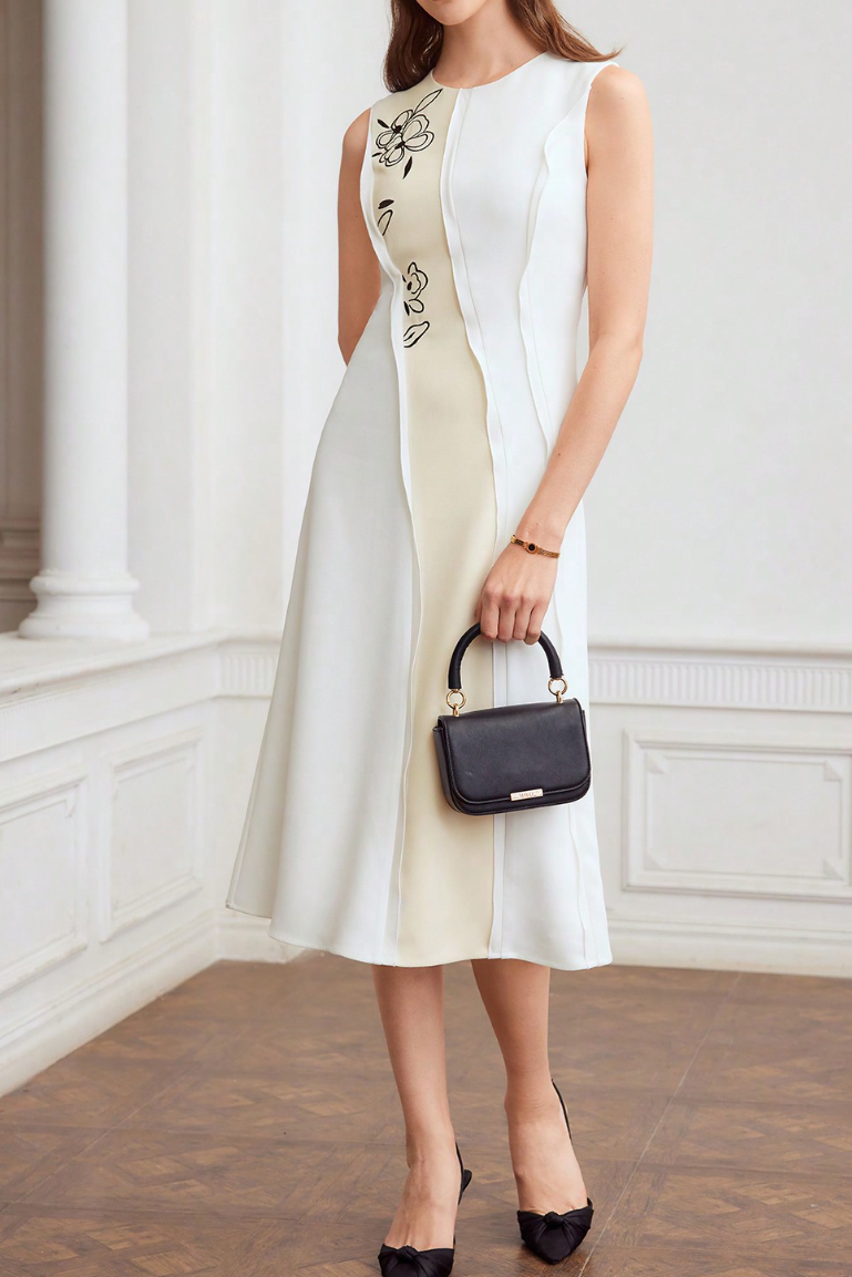 White & Beige Color-Block Floral Embroidered Sleeveless Midi Dress