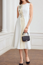 White & Beige Color-Block Floral Embroidered Sleeveless Midi Dress