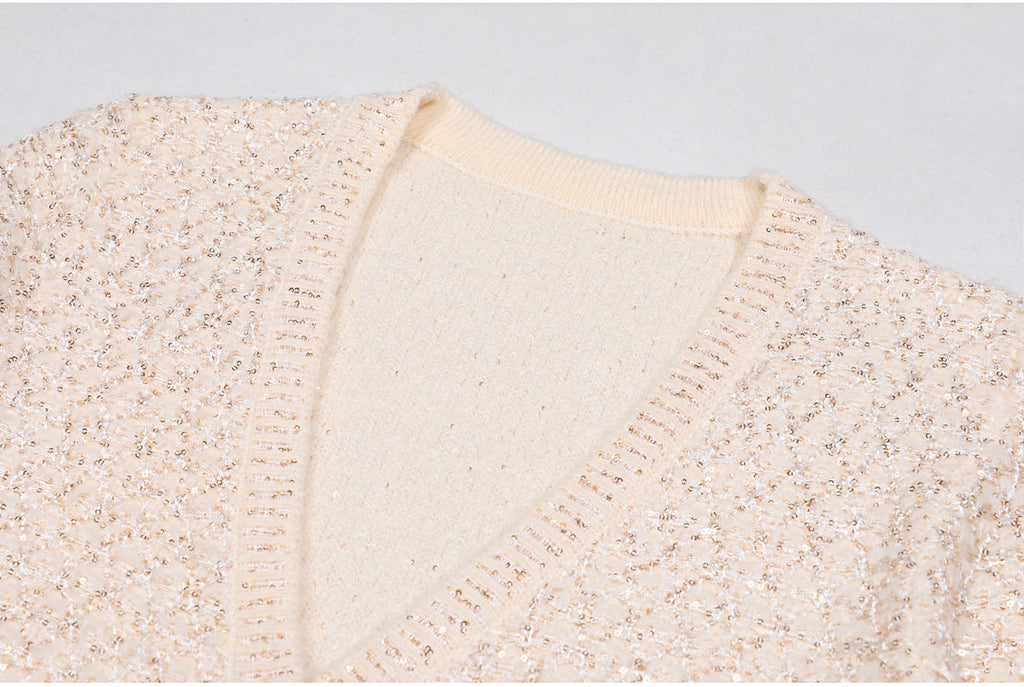 Flowering Girl Women sequin knit v-neck cardigan in beige
